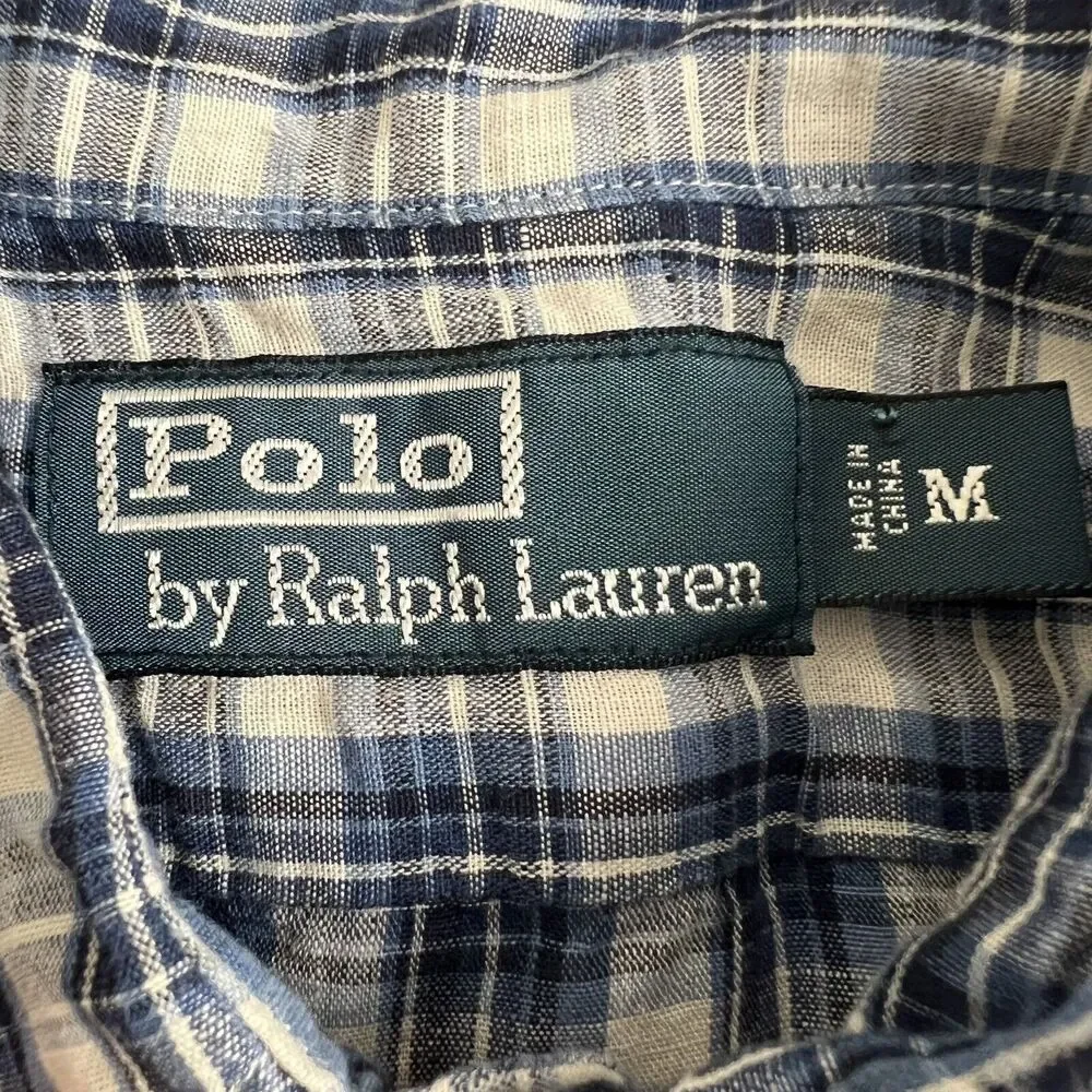 Polo Ralph Lauren Blue Plaid Linen Blend Long‎ Sleeve Button Up Shirt Medium